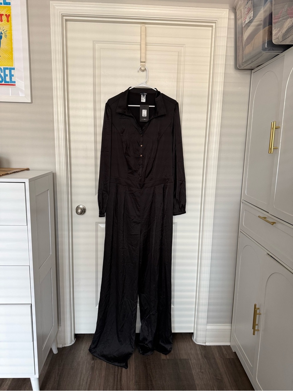 Fashion Nova Black Satin Long-Sleeve Wide-Leg Jumpsuit